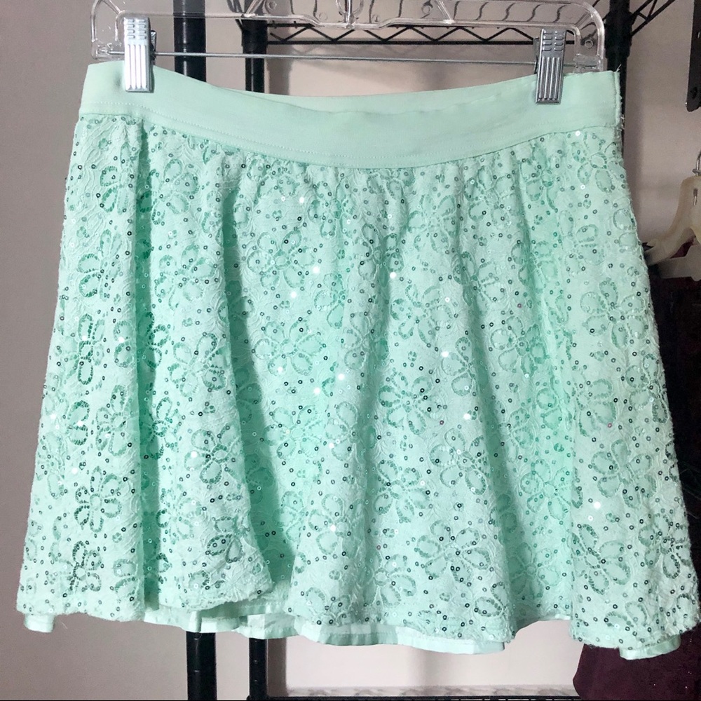 Justice Girls Seafoam Green Floral Lace and Sequin Skort